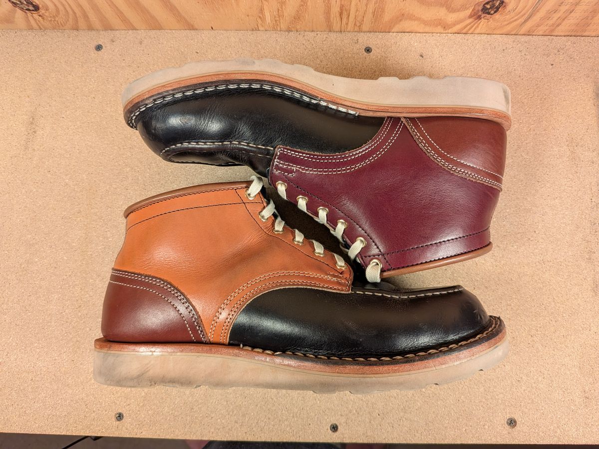 Photo by gotmoore on December 4, 2025 of the Nicks Moc Toe in Horween Black Chromexcel & Wickett & Craig Medium Brown Traditional Harness & Wickett & Craig Burgundy Traditional Harness.