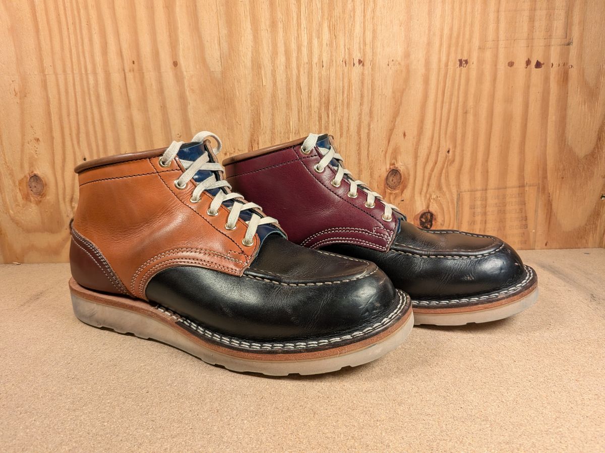 Photo by gotmoore on December 4, 2025 of the Nicks Moc Toe in Horween Black Chromexcel & Wickett & Craig Medium Brown Traditional Harness & Wickett & Craig Burgundy Traditional Harness.