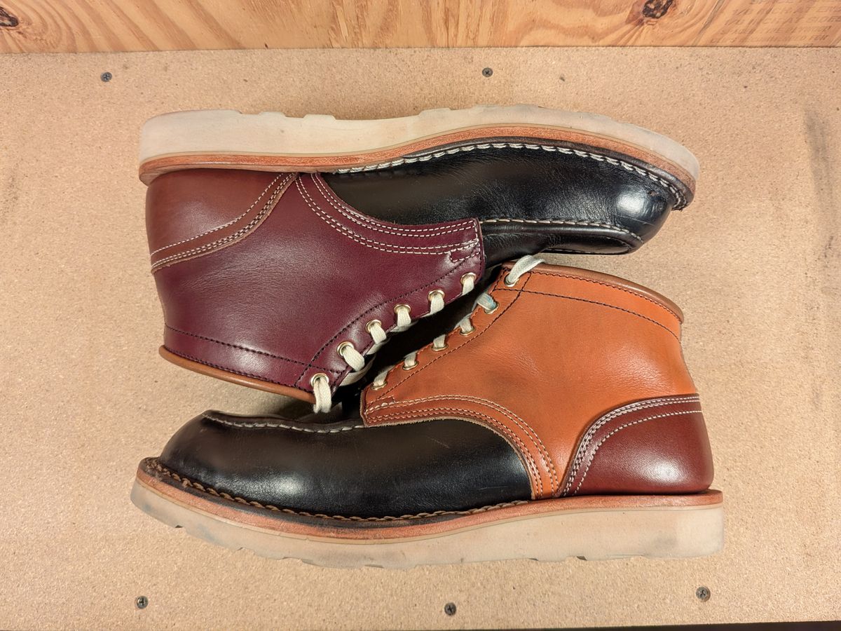 Photo by gotmoore on December 4, 2025 of the Nicks Moc Toe in Horween Black Chromexcel & Wickett & Craig Medium Brown Traditional Harness & Wickett & Craig Burgundy Traditional Harness.