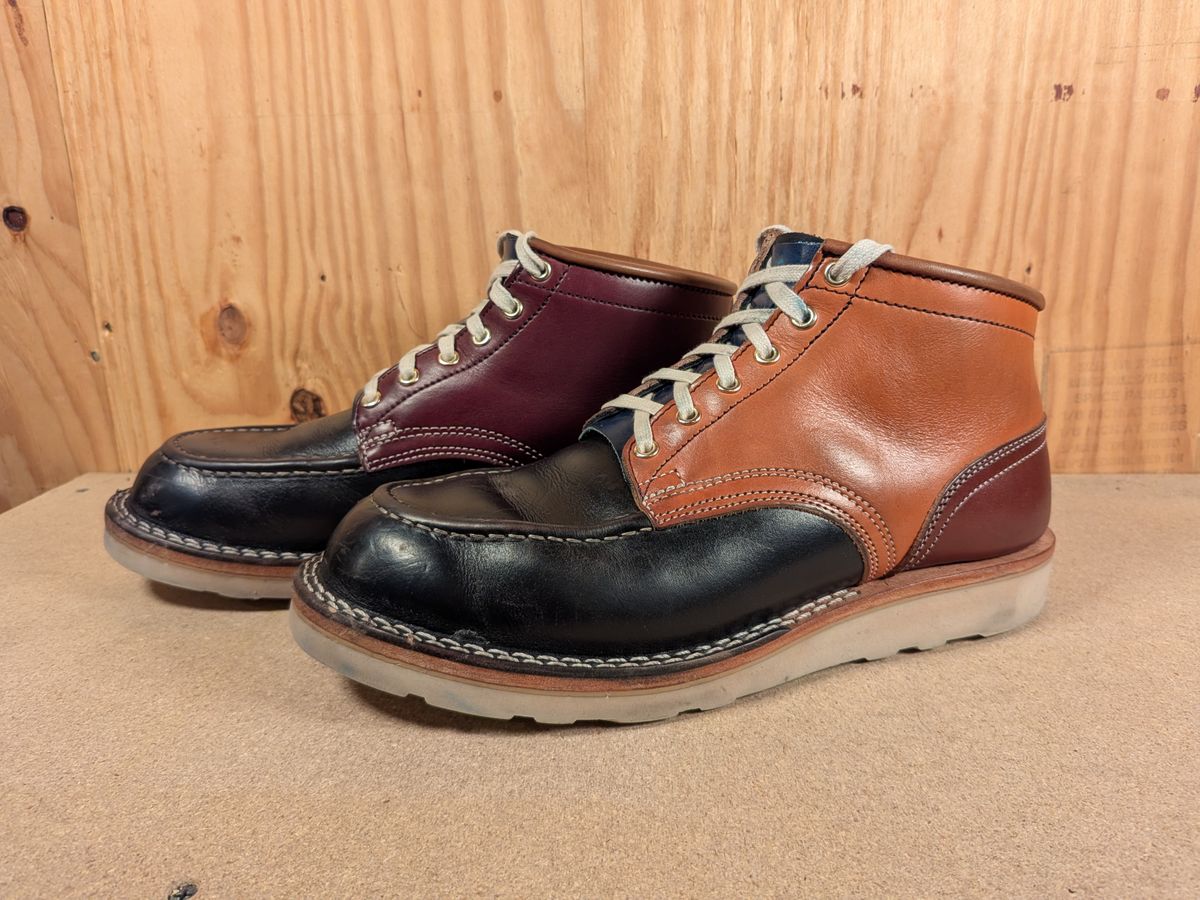 Photo by gotmoore on December 4, 2025 of the Nicks Moc Toe in Horween Black Chromexcel & Wickett & Craig Medium Brown Traditional Harness & Wickett & Craig Burgundy Traditional Harness.