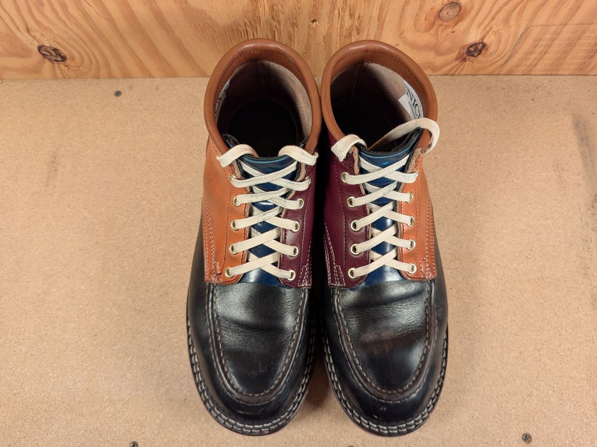 Photo by gotmoore on December 4, 2025 of the Nicks Moc Toe in Horween Black Chromexcel & Wickett & Craig Medium Brown Traditional Harness & Wickett & Craig Burgundy Traditional Harness.
