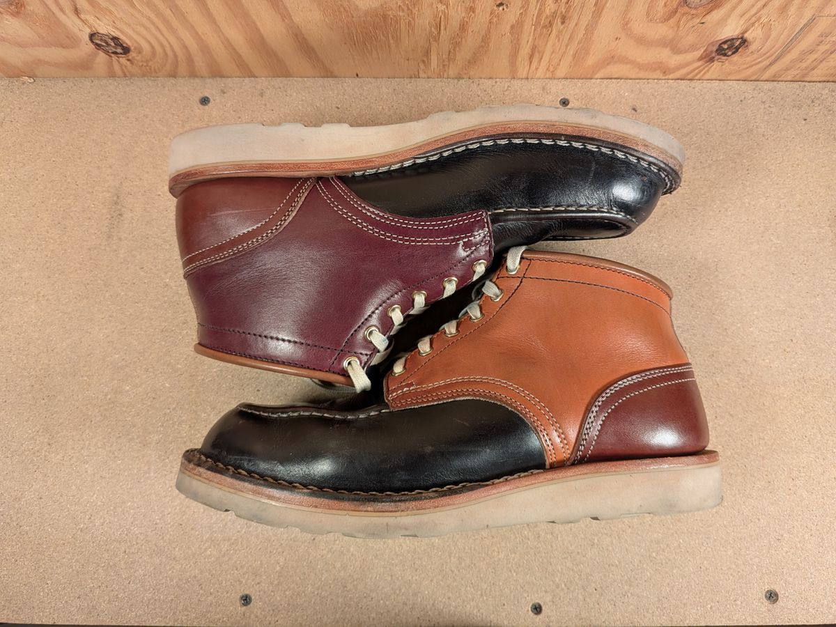 Photo by gotmoore on January 4, 2026 of the Nicks Moc Toe in Horween Black Chromexcel & Wickett & Craig Medium Brown Traditional Harness & Wickett & Craig Burgundy Traditional Harness.
