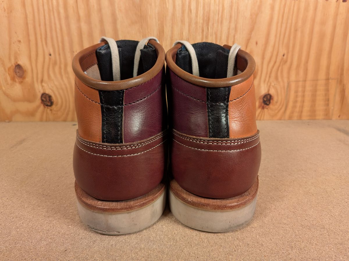 Photo by gotmoore on January 4, 2026 of the Nicks Moc Toe in Horween Black Chromexcel & Wickett & Craig Medium Brown Traditional Harness & Wickett & Craig Burgundy Traditional Harness.