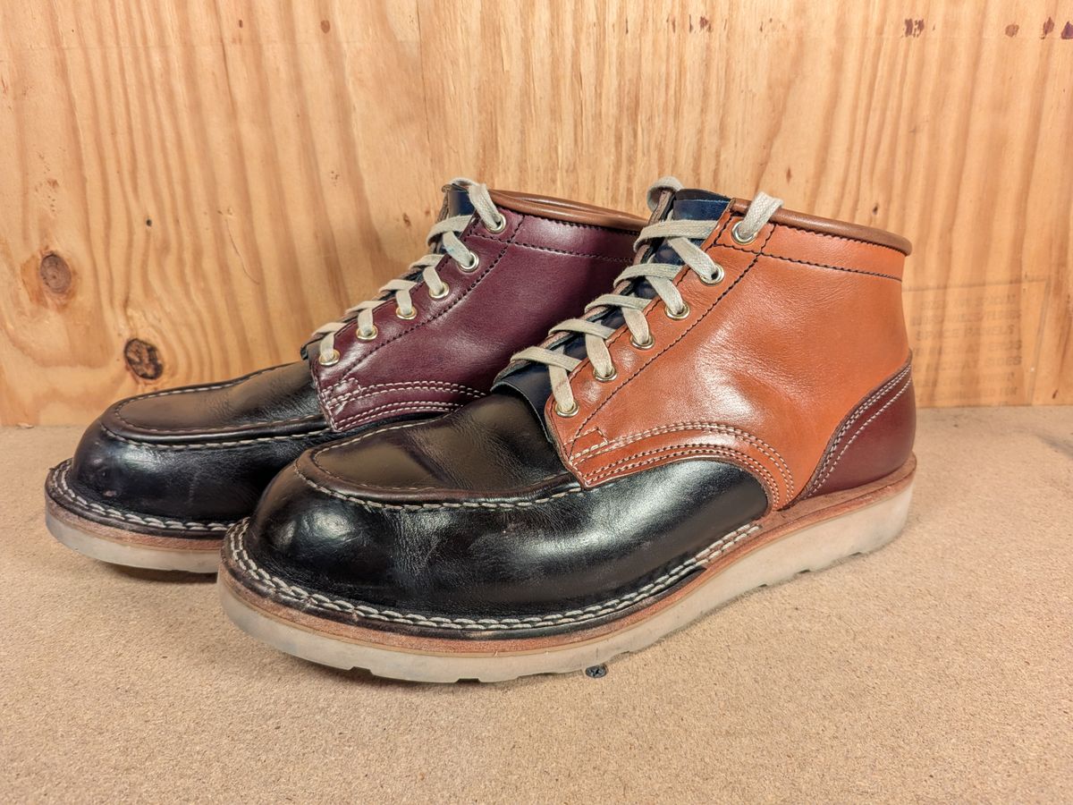 Photo by gotmoore on January 4, 2026 of the Nicks Moc Toe in Horween Black Chromexcel & Wickett & Craig Medium Brown Traditional Harness & Wickett & Craig Burgundy Traditional Harness.