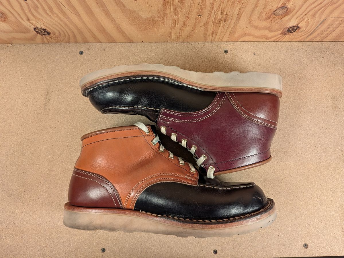 Photo by gotmoore on January 4, 2026 of the Nicks Moc Toe in Horween Black Chromexcel & Wickett & Craig Medium Brown Traditional Harness & Wickett & Craig Burgundy Traditional Harness.