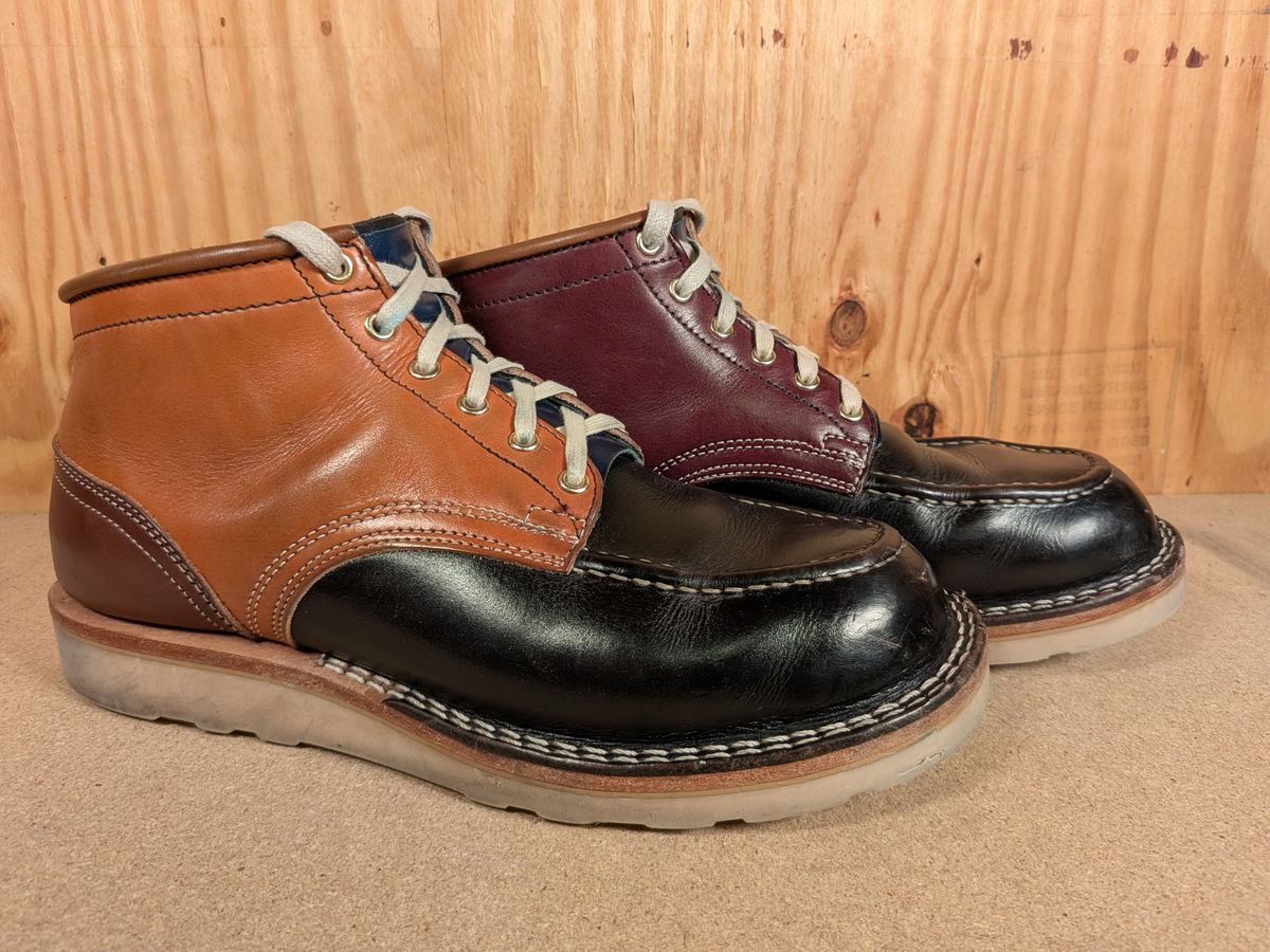 Photo by gotmoore on January 4, 2026 of the Nicks Moc Toe in Horween Black Chromexcel & Wickett & Craig Medium Brown Traditional Harness & Wickett & Craig Burgundy Traditional Harness.