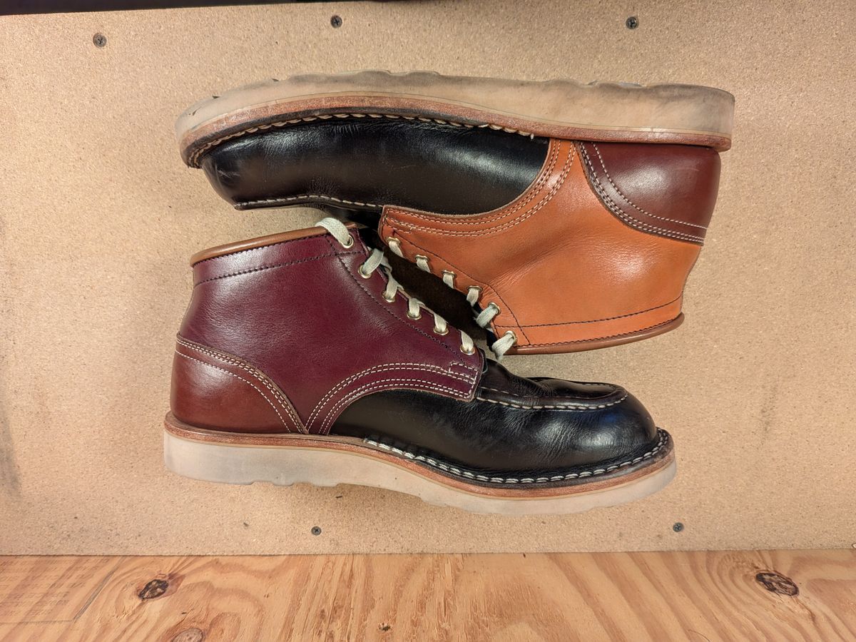 Photo by gotmoore on February 5, 2026 of the Nicks Moc Toe in Horween Black Chromexcel & Wickett & Craig Medium Brown Traditional Harness & Wickett & Craig Burgundy Traditional Harness.