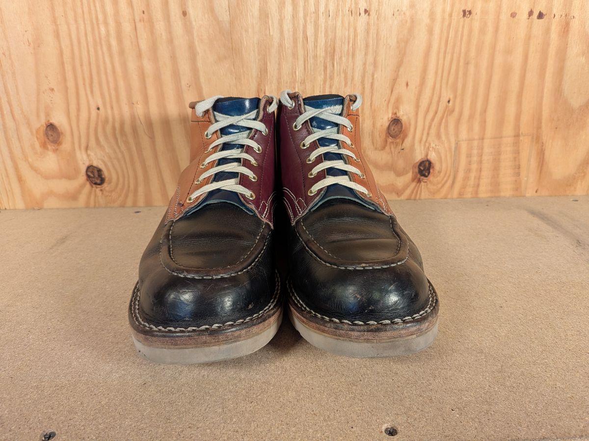 Photo by gotmoore on February 5, 2026 of the Nicks Moc Toe in Horween Black Chromexcel & Wickett & Craig Medium Brown Traditional Harness & Wickett & Craig Burgundy Traditional Harness.