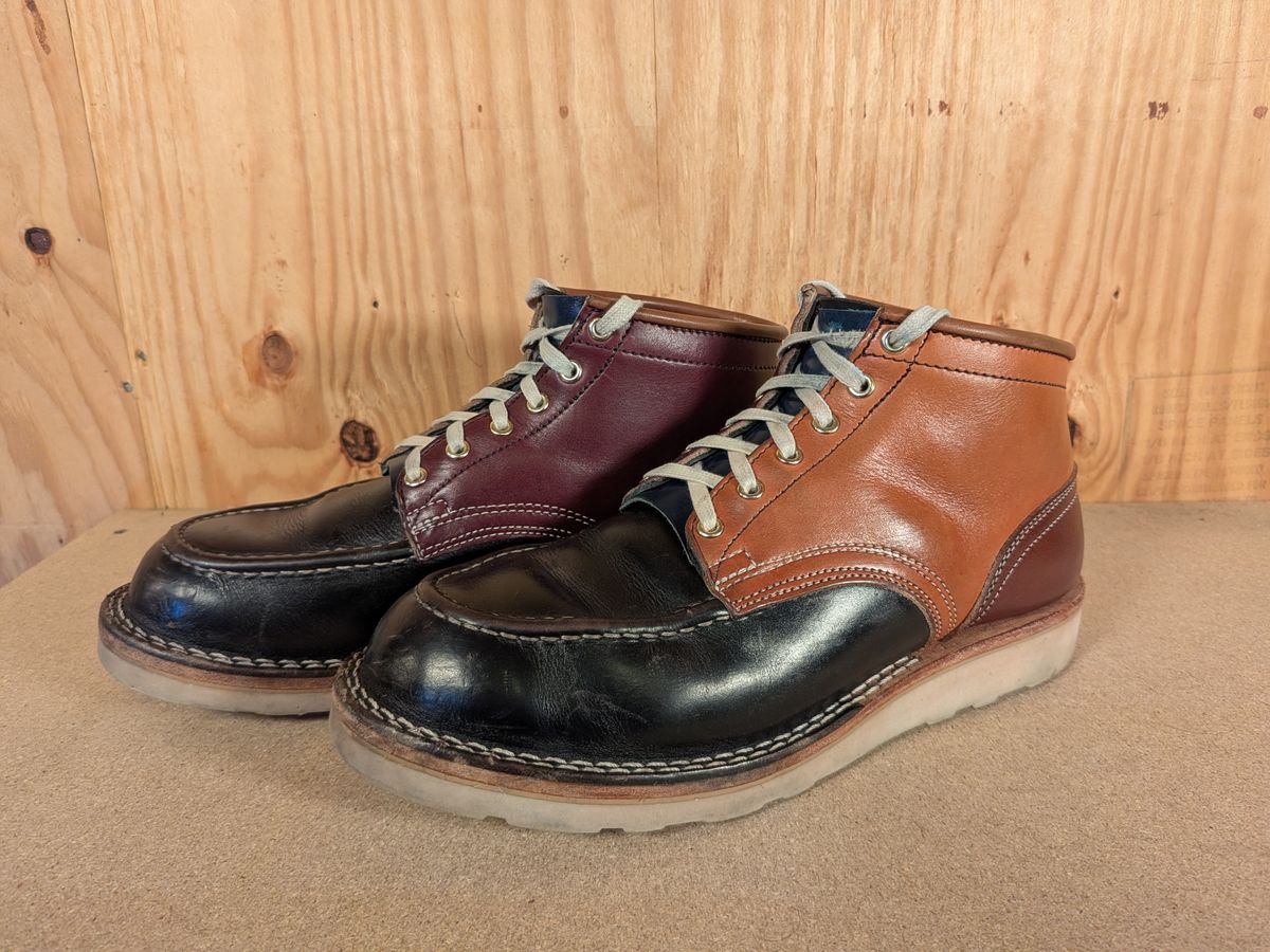 Photo by gotmoore on February 5, 2026 of the Nicks Moc Toe in Horween Black Chromexcel & Wickett & Craig Medium Brown Traditional Harness & Wickett & Craig Burgundy Traditional Harness.