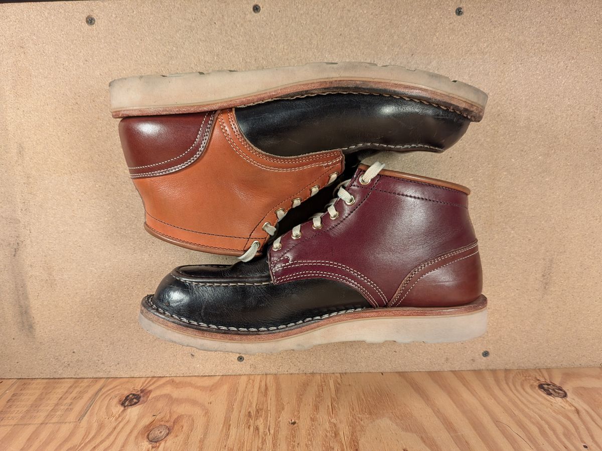 Photo by gotmoore on February 5, 2026 of the Nicks Moc Toe in Horween Black Chromexcel & Wickett & Craig Medium Brown Traditional Harness & Wickett & Craig Burgundy Traditional Harness.