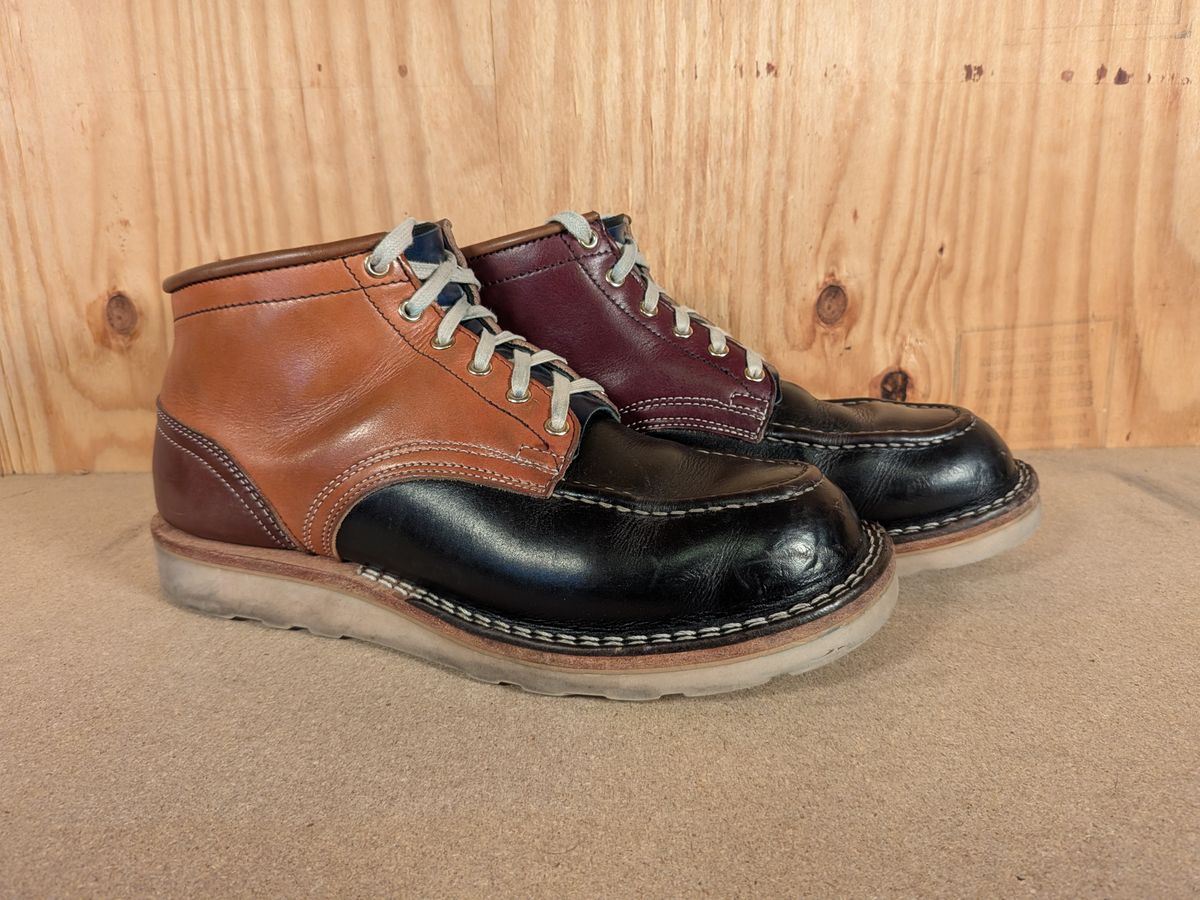 Photo by gotmoore on February 5, 2026 of the Nicks Moc Toe in Horween Black Chromexcel & Wickett & Craig Medium Brown Traditional Harness & Wickett & Craig Burgundy Traditional Harness.