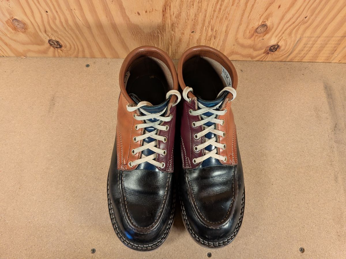 Photo by gotmoore on February 5, 2026 of the Nicks Moc Toe in Horween Black Chromexcel & Wickett & Craig Medium Brown Traditional Harness & Wickett & Craig Burgundy Traditional Harness.