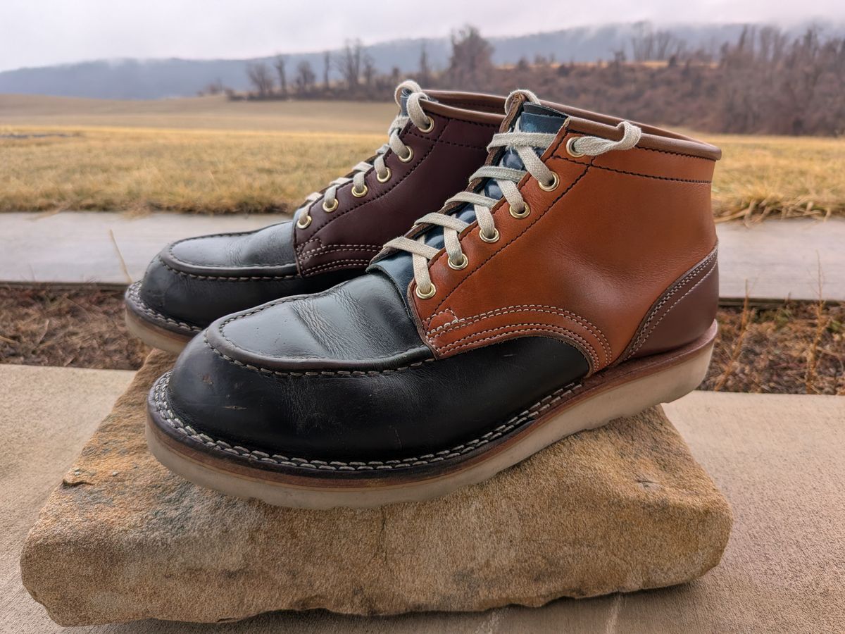 Photo by gotmoore on March 5, 2026 of the Nicks Moc Toe in Horween Black Chromexcel & Wickett & Craig Medium Brown Traditional Harness & Wickett & Craig Burgundy Traditional Harness.