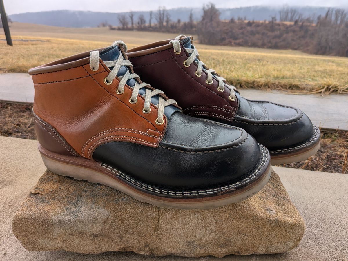 Photo by gotmoore on March 5, 2026 of the Nicks Moc Toe in Horween Black Chromexcel & Wickett & Craig Medium Brown Traditional Harness & Wickett & Craig Burgundy Traditional Harness.