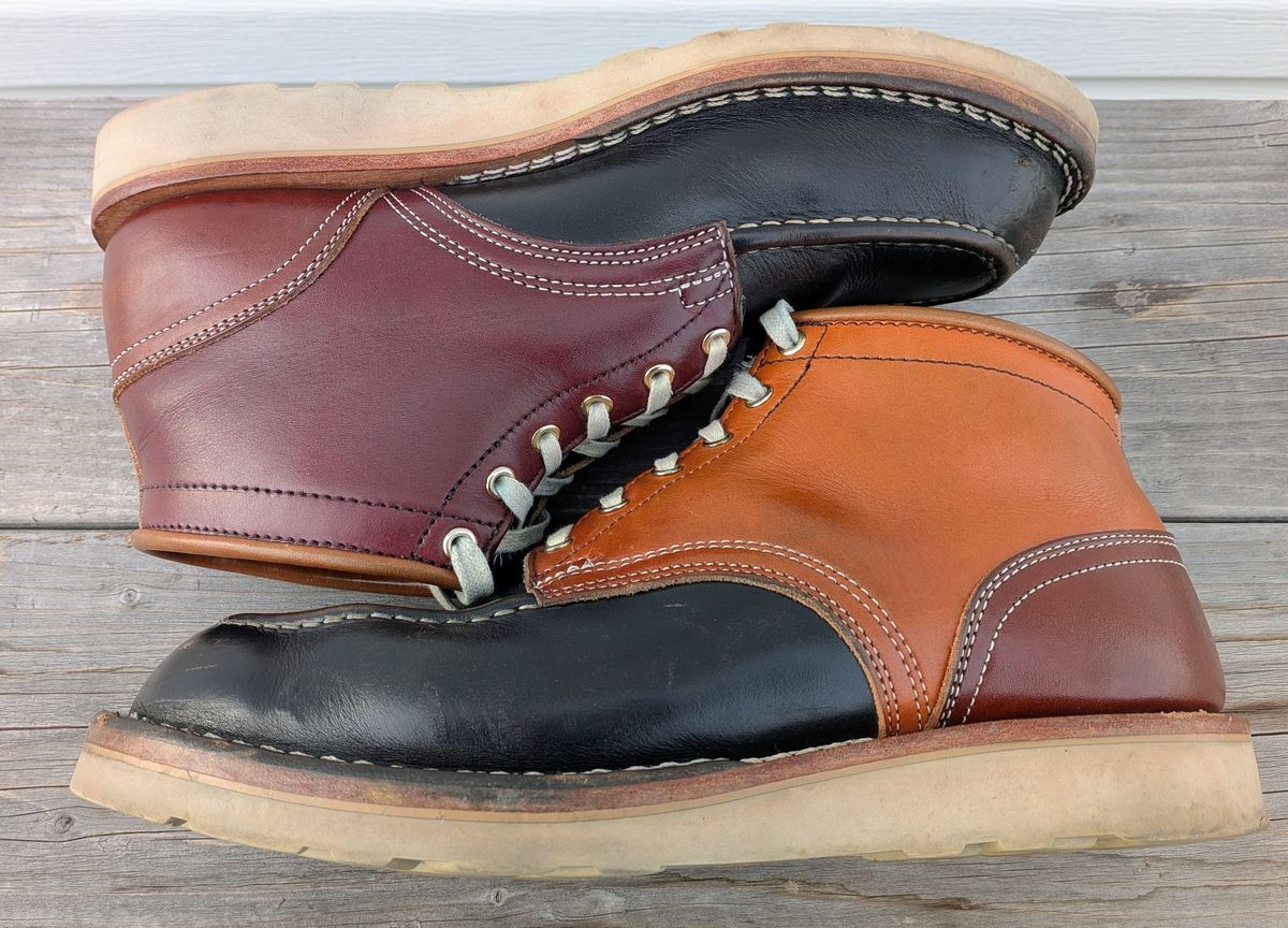 Photo by gotmoore on April 3, 2026 of the Nicks Moc Toe in Horween Black Chromexcel & Wickett & Craig Medium Brown Traditional Harness & Wickett & Craig Burgundy Traditional Harness.