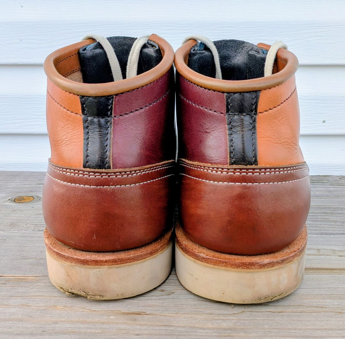 Photo by gotmoore on April 3, 2026 of the Nicks Moc Toe in Horween Black Chromexcel & Wickett & Craig Medium Brown Traditional Harness & Wickett & Craig Burgundy Traditional Harness.