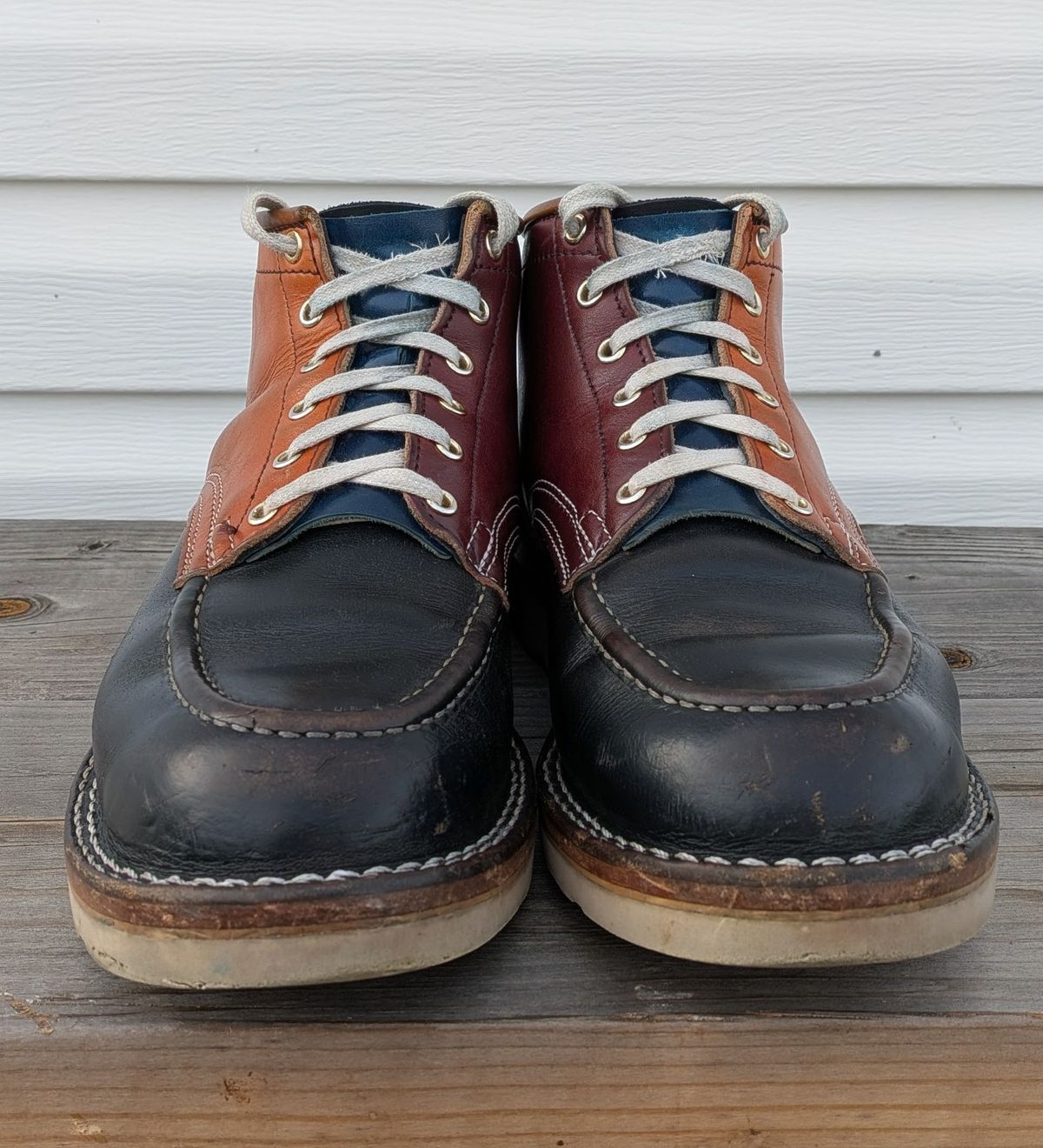 Photo by gotmoore on April 3, 2026 of the Nicks Moc Toe in Horween Black Chromexcel & Wickett & Craig Medium Brown Traditional Harness & Wickett & Craig Burgundy Traditional Harness.