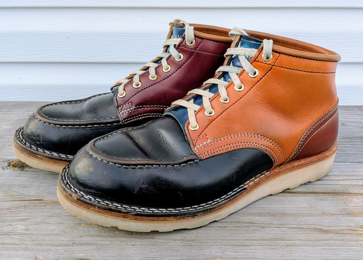 Photo by gotmoore on April 3, 2026 of the Nicks Moc Toe in Horween Black Chromexcel & Wickett & Craig Medium Brown Traditional Harness & Wickett & Craig Burgundy Traditional Harness.