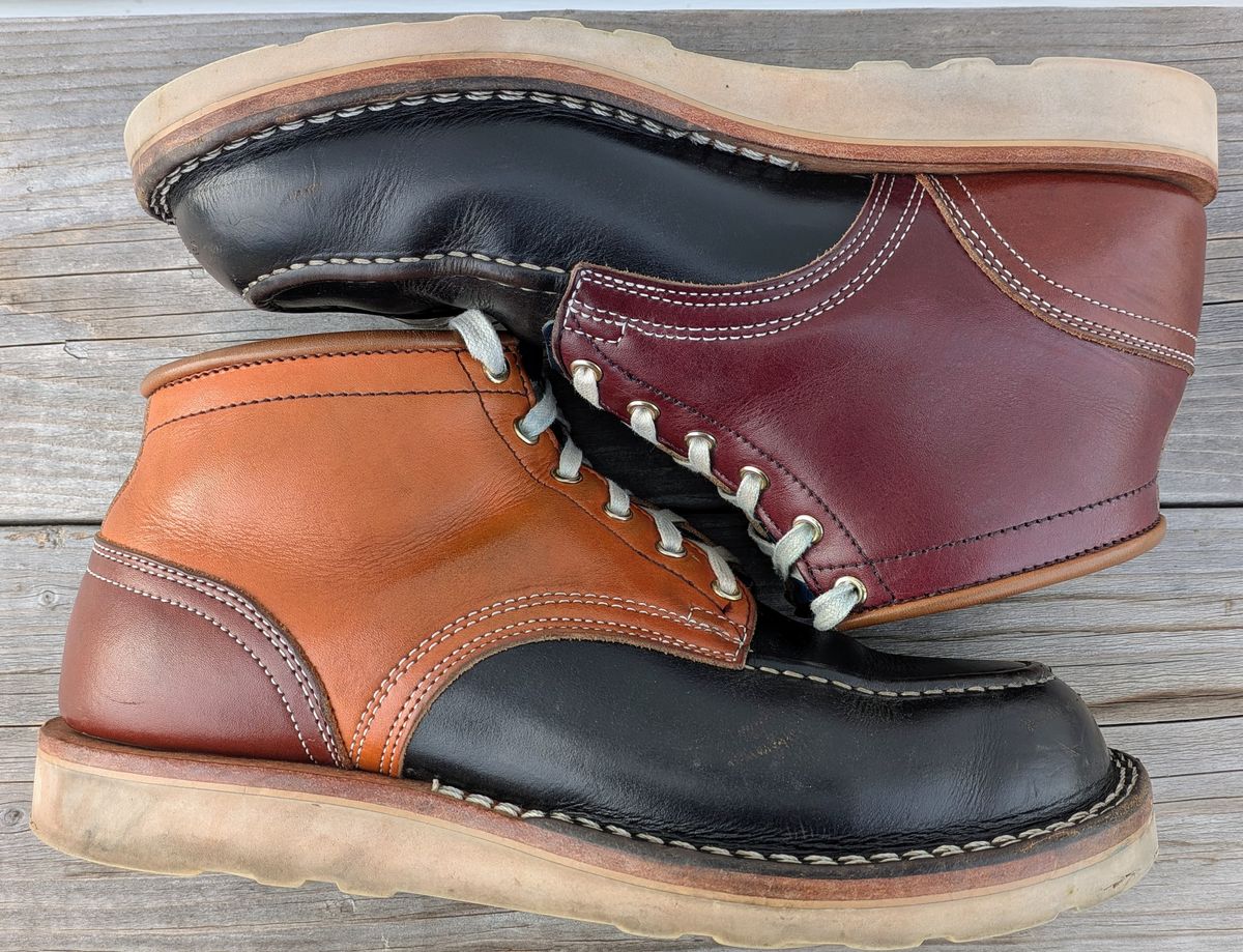 Photo by gotmoore on April 3, 2026 of the Nicks Moc Toe in Horween Black Chromexcel & Wickett & Craig Medium Brown Traditional Harness & Wickett & Craig Burgundy Traditional Harness.
