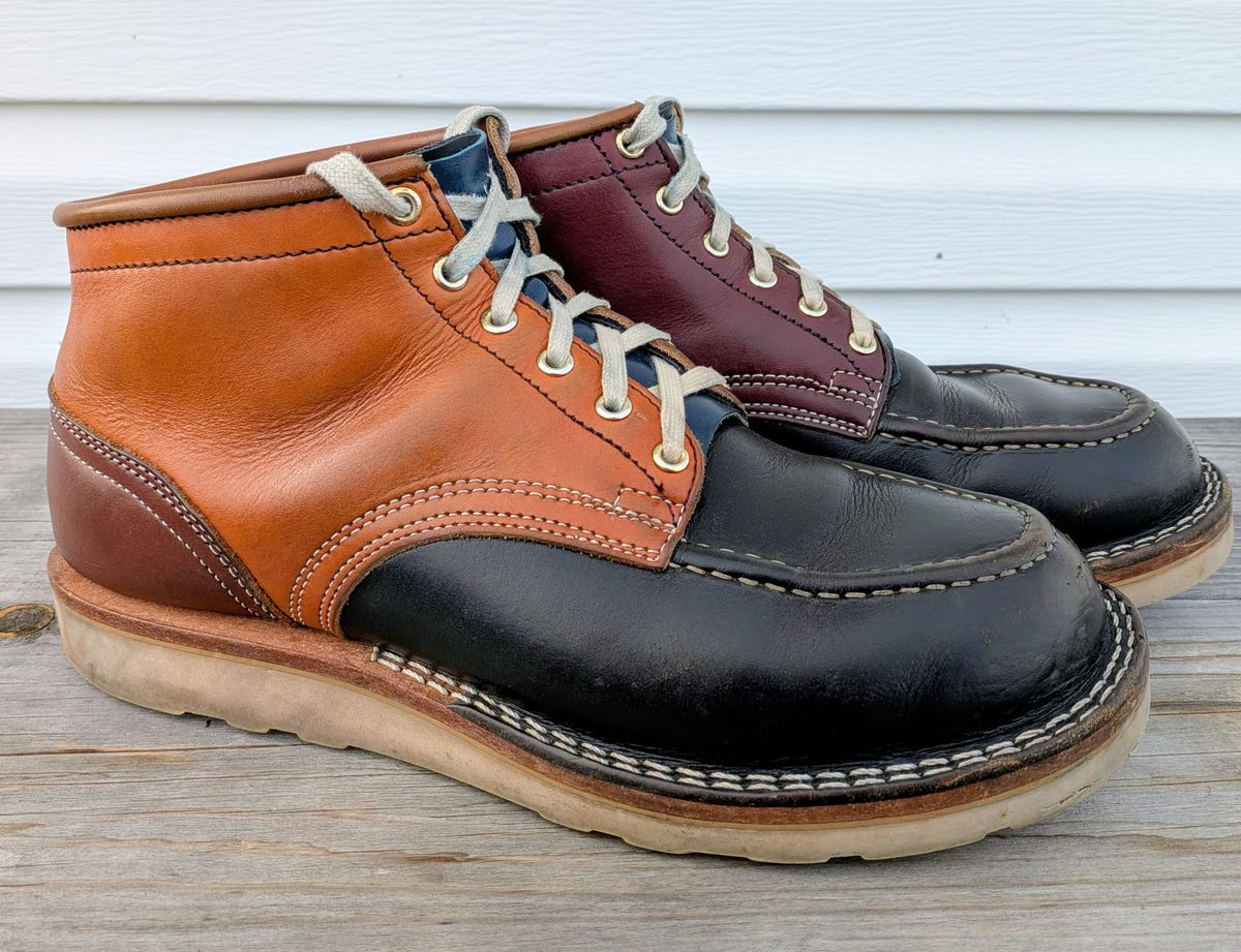 Photo by gotmoore on April 3, 2026 of the Nicks Moc Toe in Horween Black Chromexcel & Wickett & Craig Medium Brown Traditional Harness & Wickett & Craig Burgundy Traditional Harness.