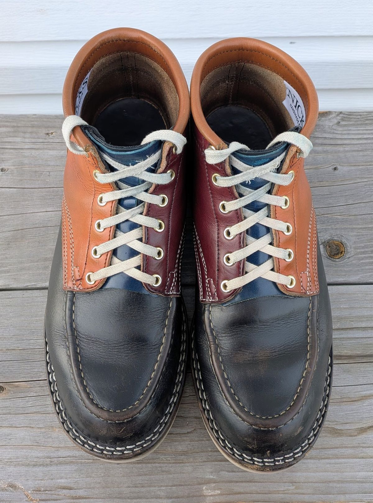 Photo by gotmoore on April 3, 2026 of the Nicks Moc Toe in Horween Black Chromexcel & Wickett & Craig Medium Brown Traditional Harness & Wickett & Craig Burgundy Traditional Harness.
