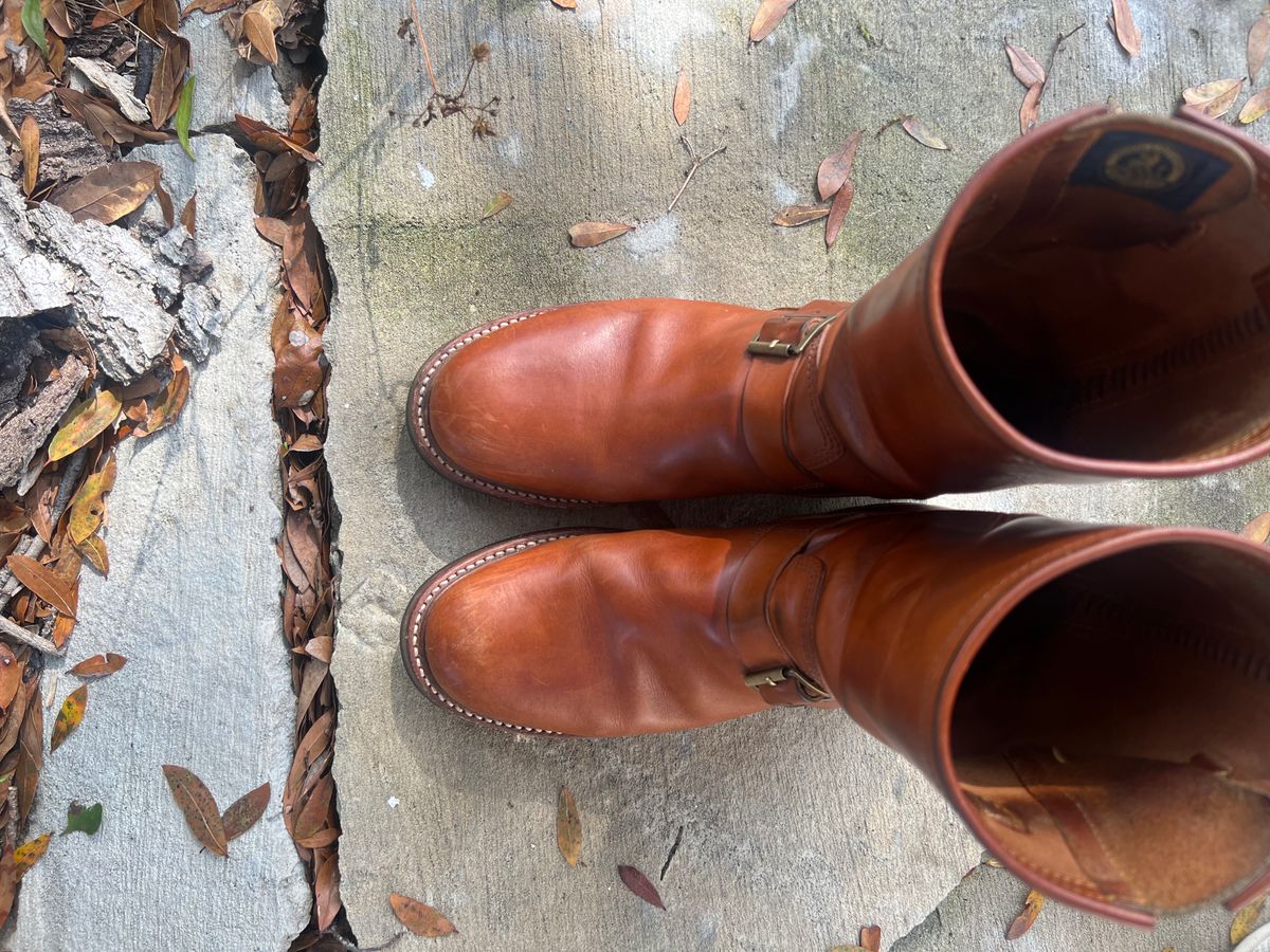 Photo by sons.moon.leather on February 4, 2025 of the John Lofgren Wabash Engineer Boots in Badalassi Carlo Cognac Minerva.