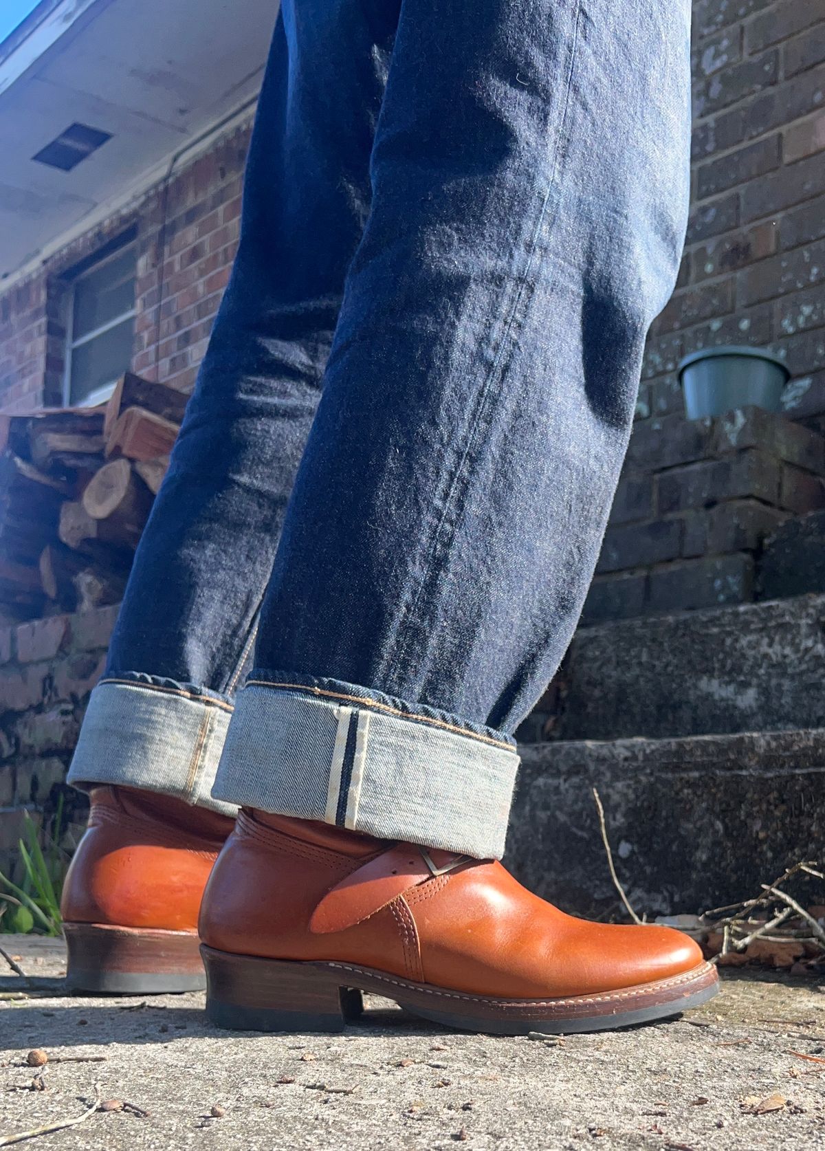 Photo by sons.moon.leather on February 16, 2025 of the John Lofgren Wabash Engineer Boots in Badalassi Carlo Cognac Minerva.