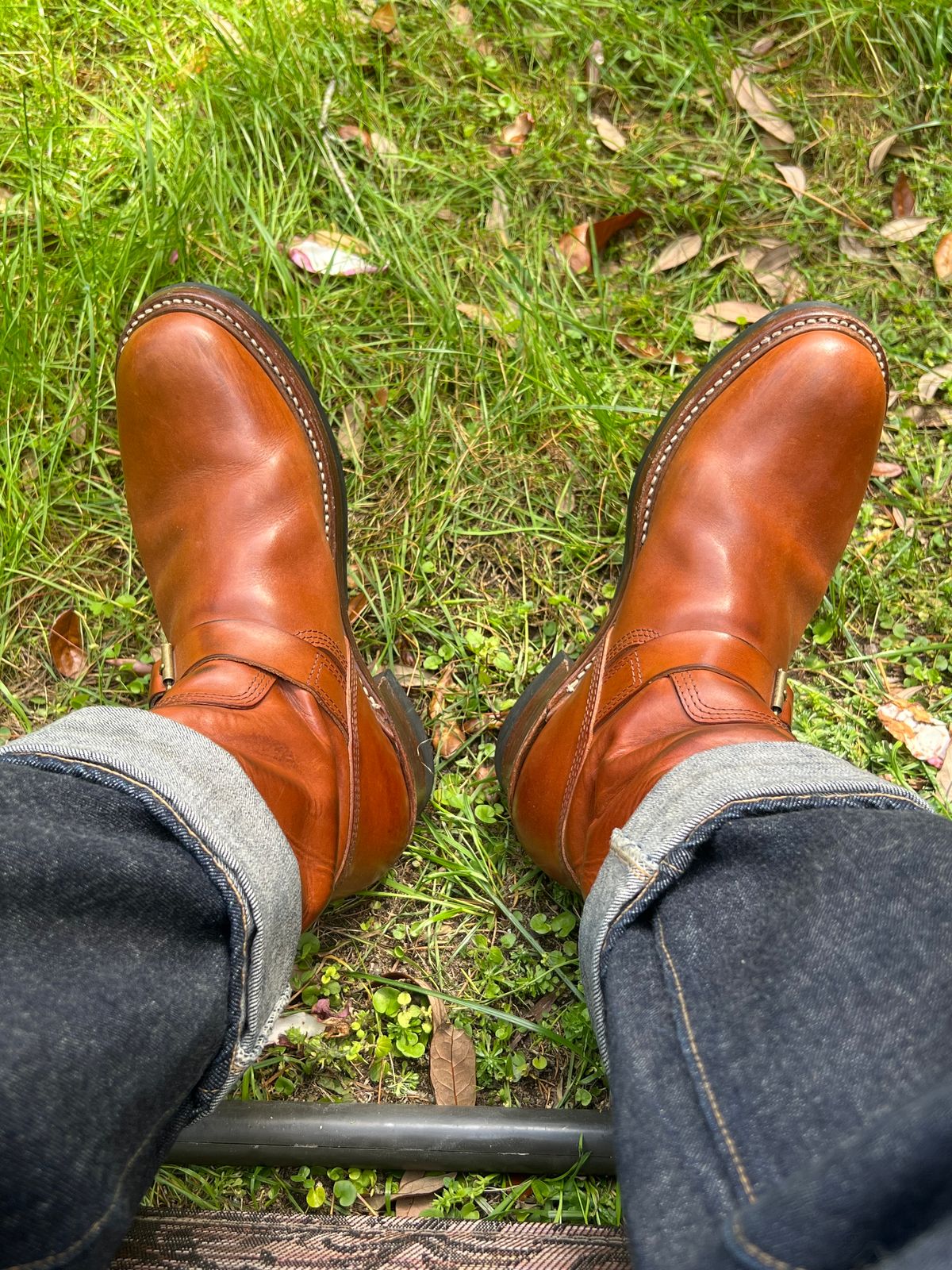 Photo by sons.moon.leather on March 16, 2025 of the John Lofgren Wabash Engineer Boots in Badalassi Carlo Cognac Minerva.