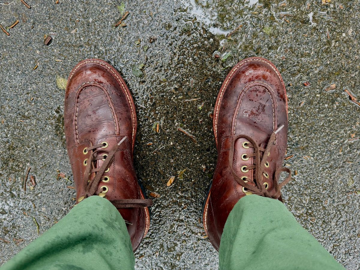 Photo by noneck on May 24, 2026 of the Grant Stone Brass Boot in Horween Crimson Chromexcel.