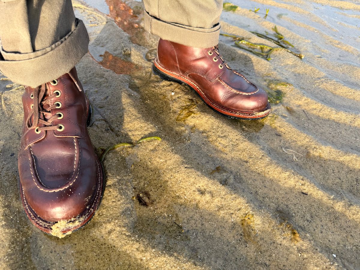 Photo by noneck on June 2, 2026 of the Grant Stone Brass Boot in Horween Crimson Chromexcel.