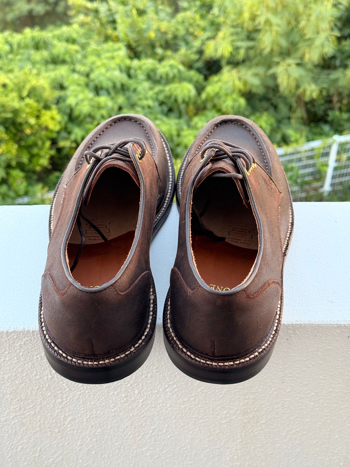 Photo by ShaneFades on October 4, 2025 of the Grant Stone Moc Toe Derby in C.F. Stead Tobacco Waxy Commander Suede.