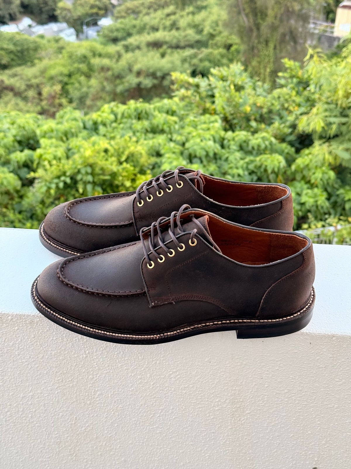 Photo by ShaneFades on October 4, 2025 of the Grant Stone Moc Toe Derby in C.F. Stead Tobacco Waxy Commander Suede.