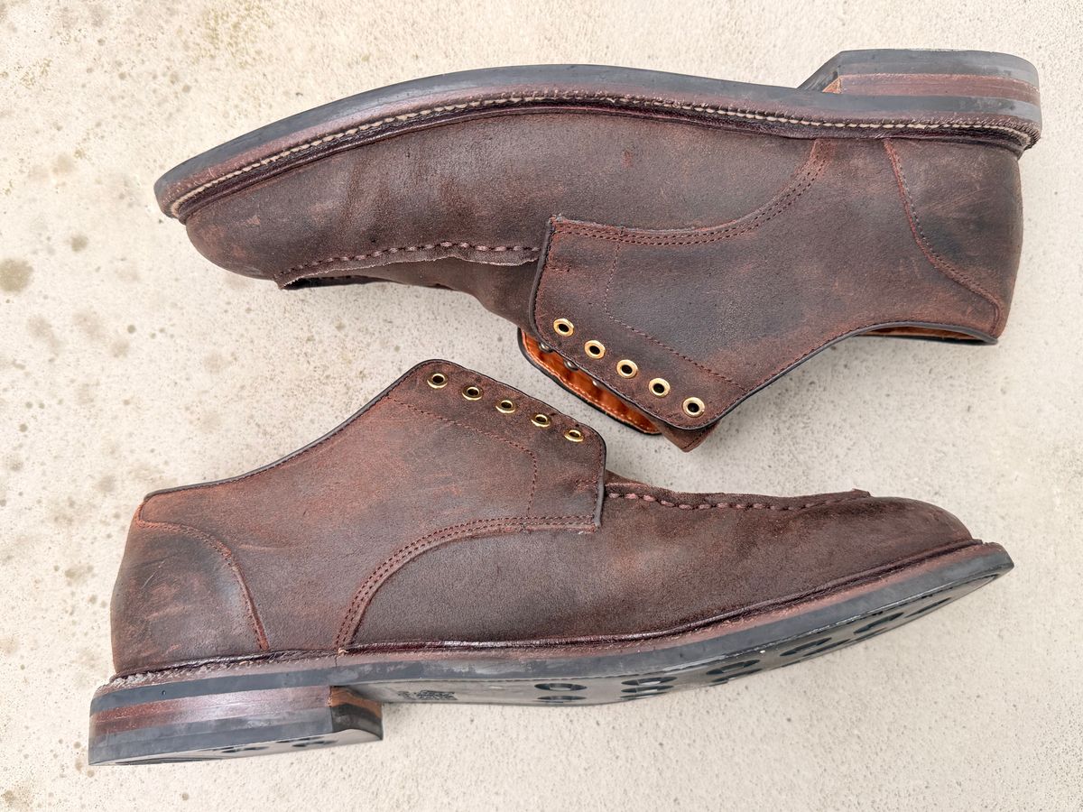 Photo by ShaneFades on November 5, 2025 of the Grant Stone Moc Toe Derby in C.F. Stead Tobacco Waxy Commander Suede.