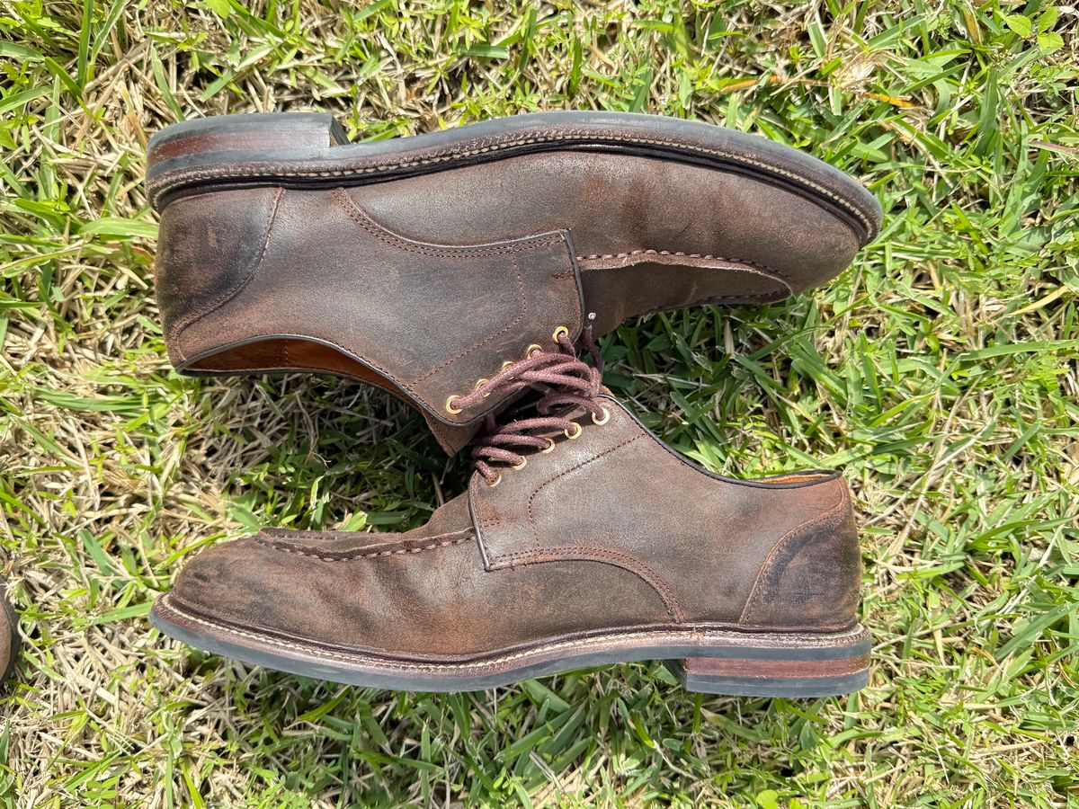 Photo by ShaneFades on January 6, 2026 of the Grant Stone Moc Toe Derby in C.F. Stead Tobacco Waxy Commander Suede.