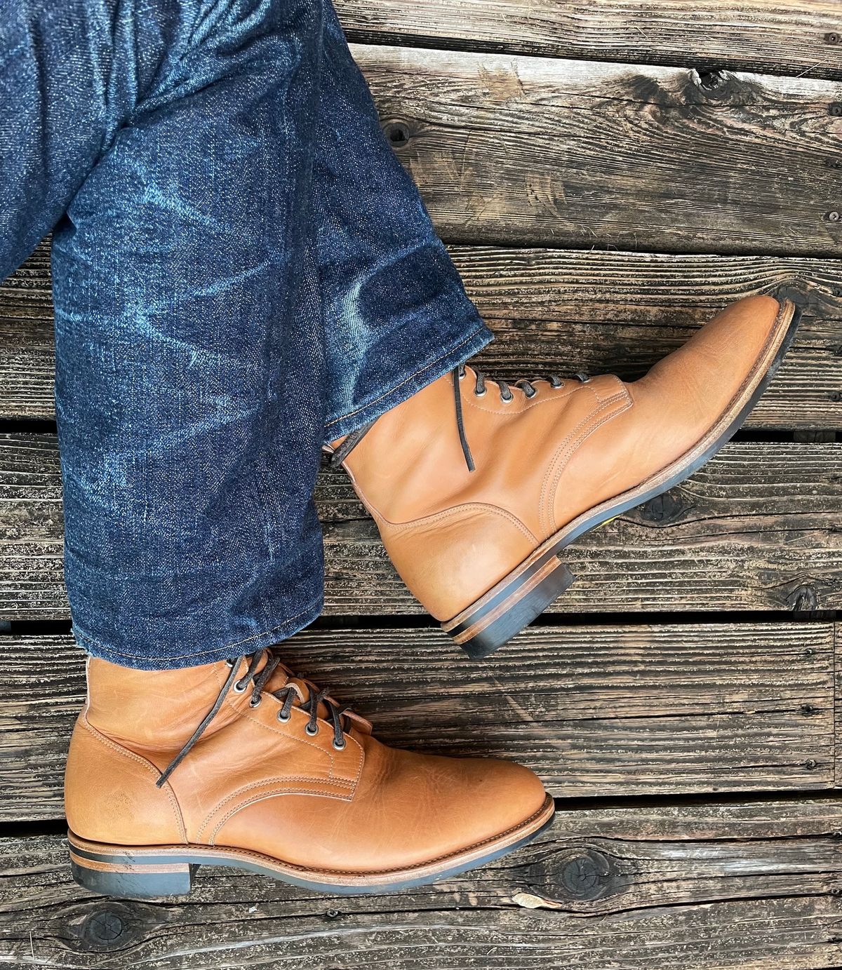 Photo by MMcC on November 6, 2024 of the Skuce Shoes 8" Derby Boot MTO in Horween Natural Dublin.