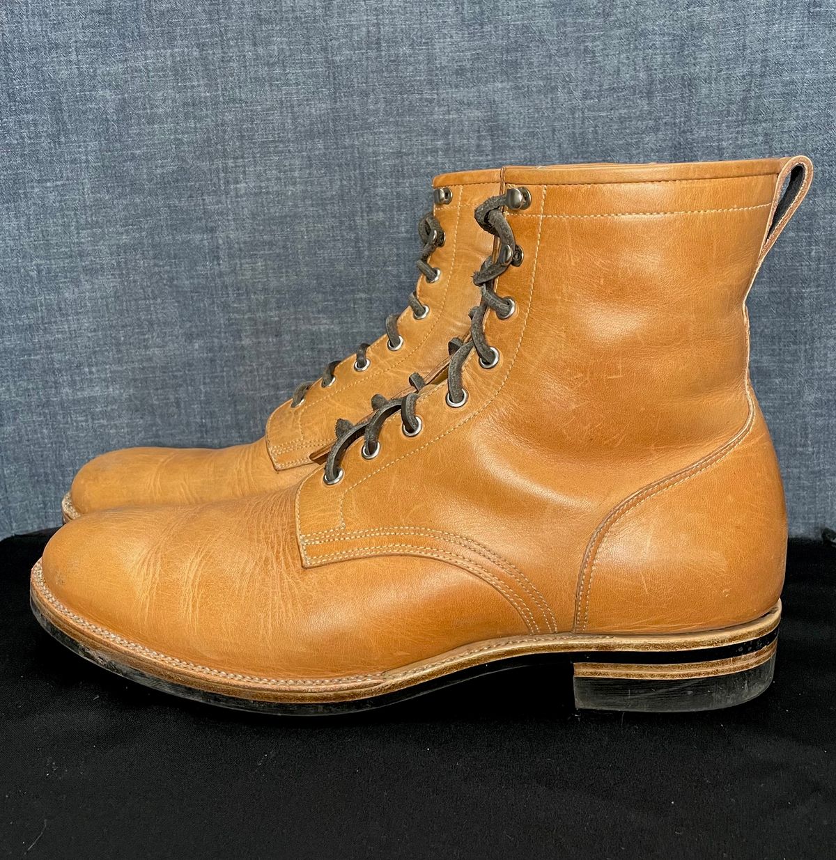 Photo by MMcC on November 6, 2024 of the Skuce Shoes 8" Derby Boot MTO in Horween Natural Dublin.