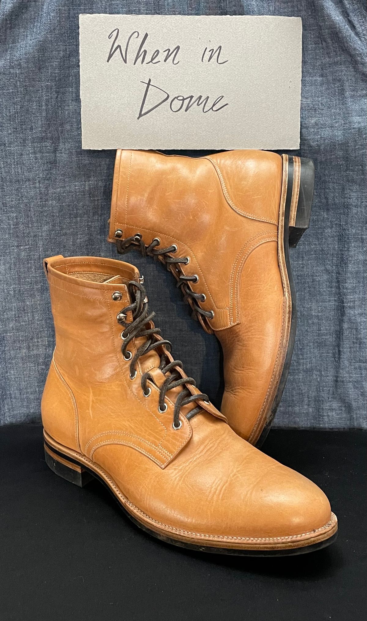 Photo by MMcC on November 6, 2024 of the Skuce Shoes 8" Derby Boot MTO in Horween Natural Dublin.