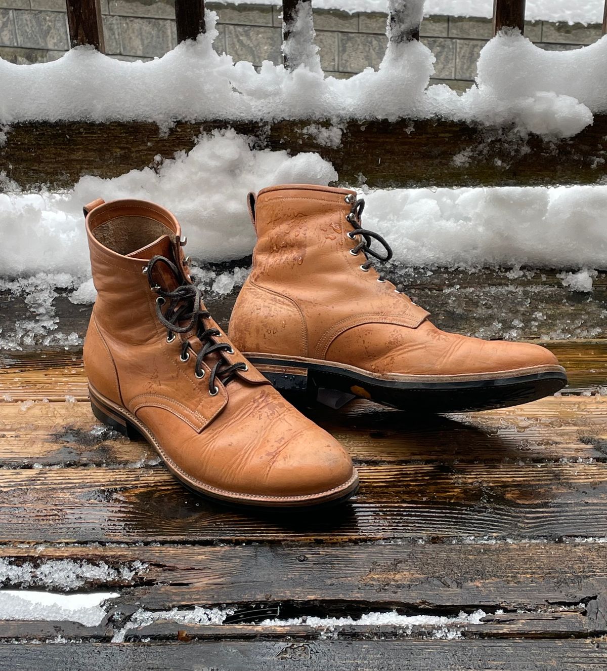 Photo by MMcC on December 5, 2024 of the Skuce Shoes 8" Derby Boot MTO in Horween Natural Dublin.