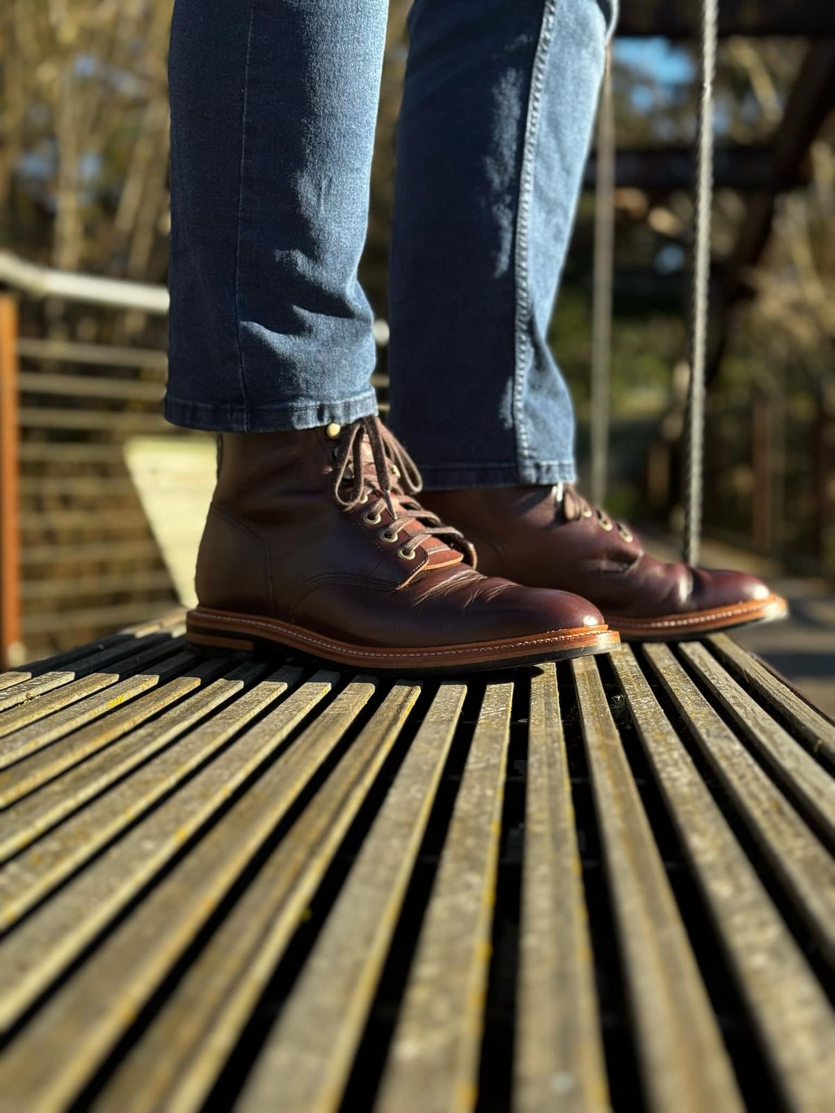 Photo by wistless on January 27, 2025 of the Grant Stone Diesel Boot in Horween Crimson Chromexcel.