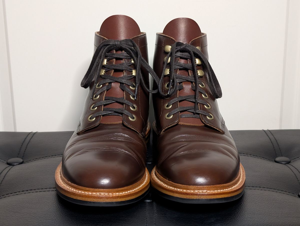 Photo by wistless on February 1, 2025 of the Grant Stone Diesel Boot in Horween Crimson Chromexcel.