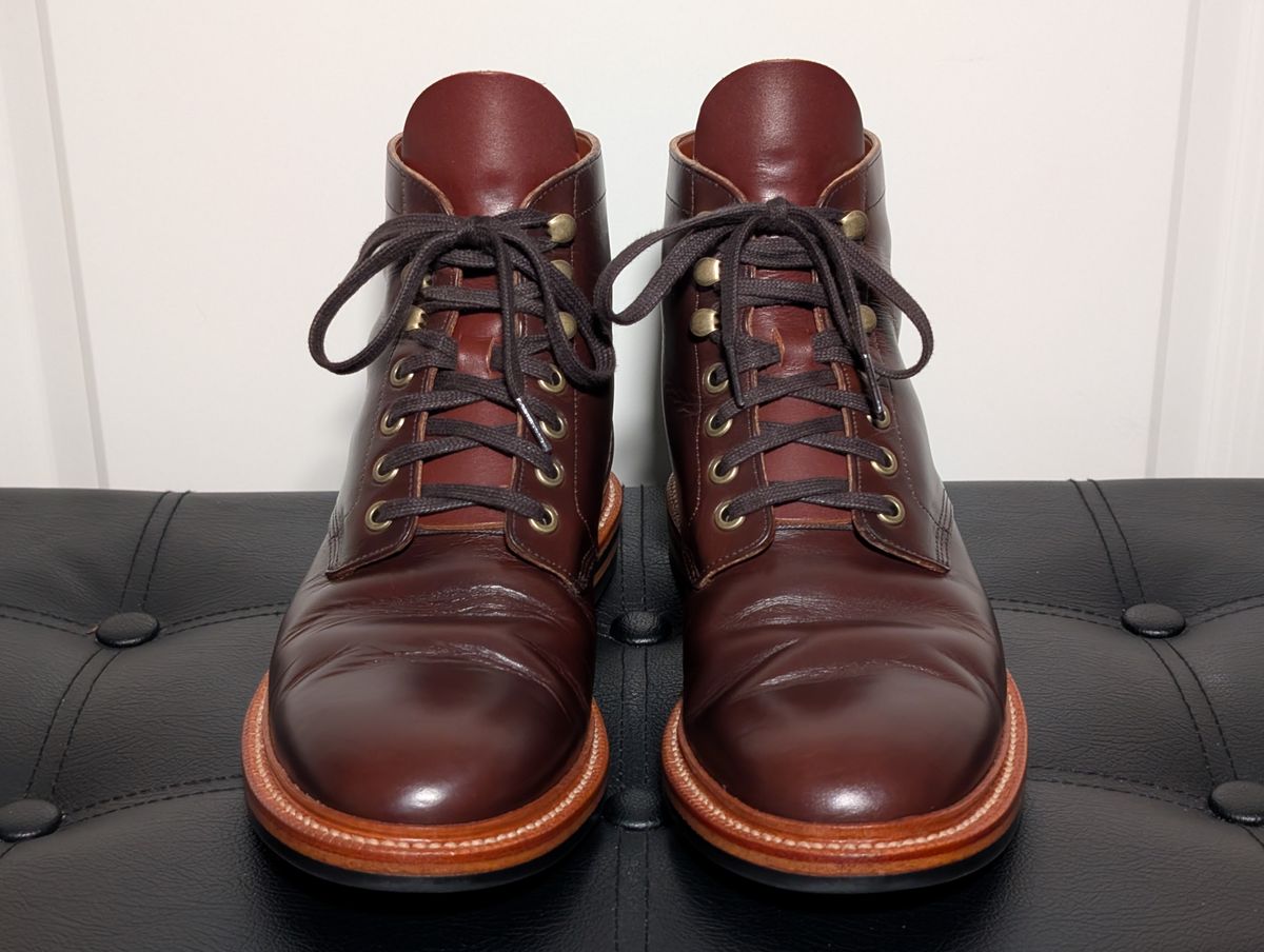 Photo by wistless on April 3, 2025 of the Grant Stone Diesel Boot in Horween Crimson Chromexcel.