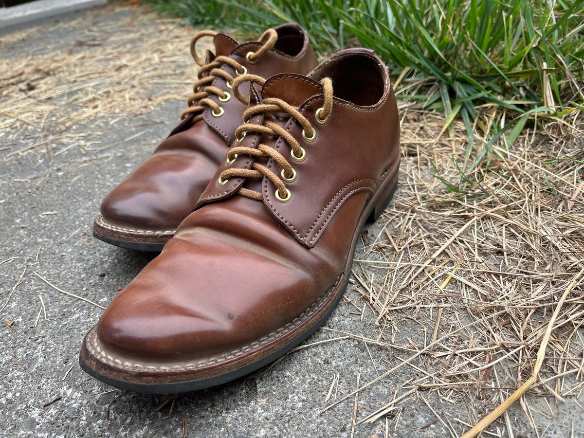 Photo by loralrose on August 11, 2024 of the Truman Derby in Horween Unglazed Natural Shell Cordovan.