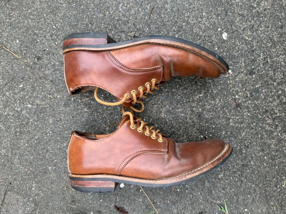 Photo by loralrose on October 9, 2024 of the Truman Derby in Horween Unglazed Natural Shell Cordovan.