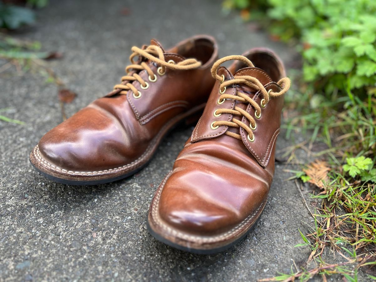 Photo by loralrose on October 27, 2024 of the Truman Derby in Horween Unglazed Natural Shell Cordovan.