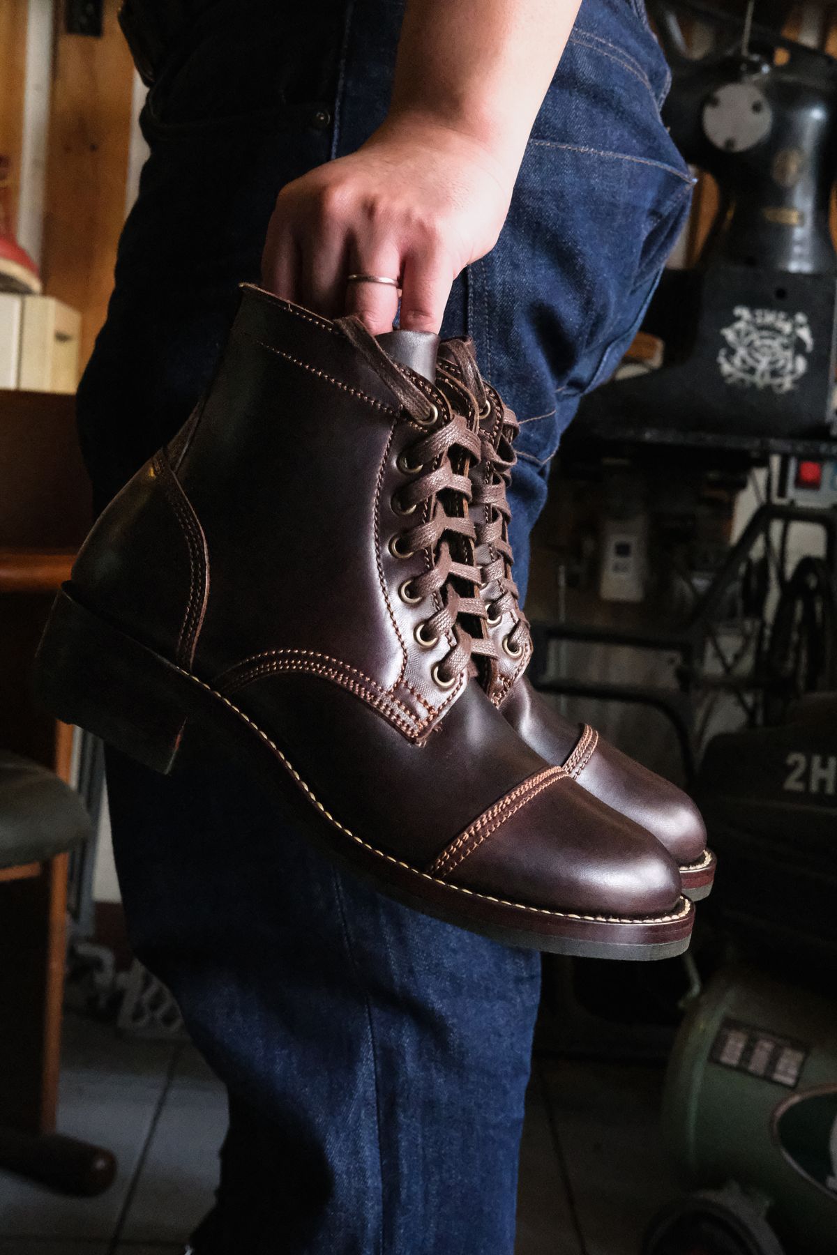 Photo by Boot.Stomp on March 20, 2026 of the Willie's Handmade Boots Cap Toe Service Boot in Maryam Olive Horserump Overdyed Dark Brown.