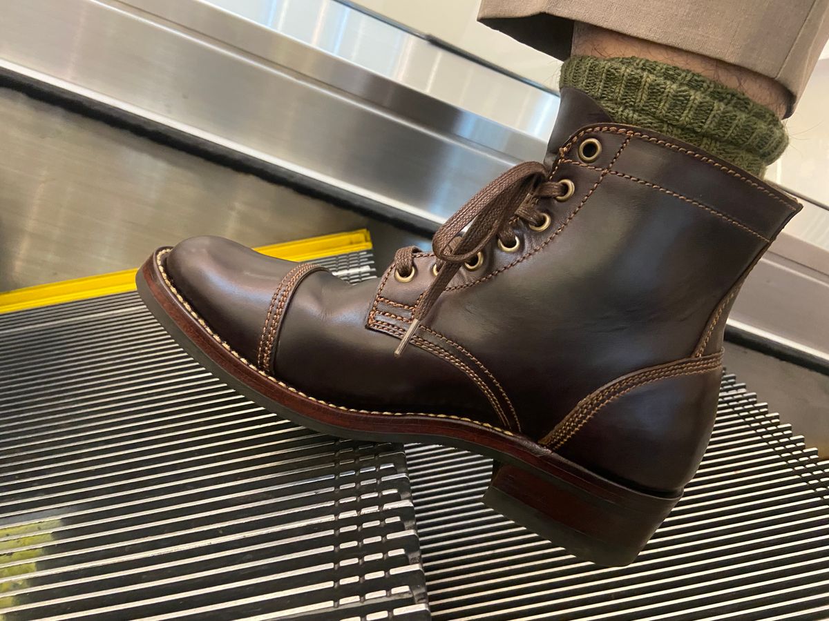 Photo by Boot.Stomp on March 23, 2026 of the Willie's Handmade Boots Cap Toe Service Boot in Maryam Olive Horserump Overdyed Dark Brown.