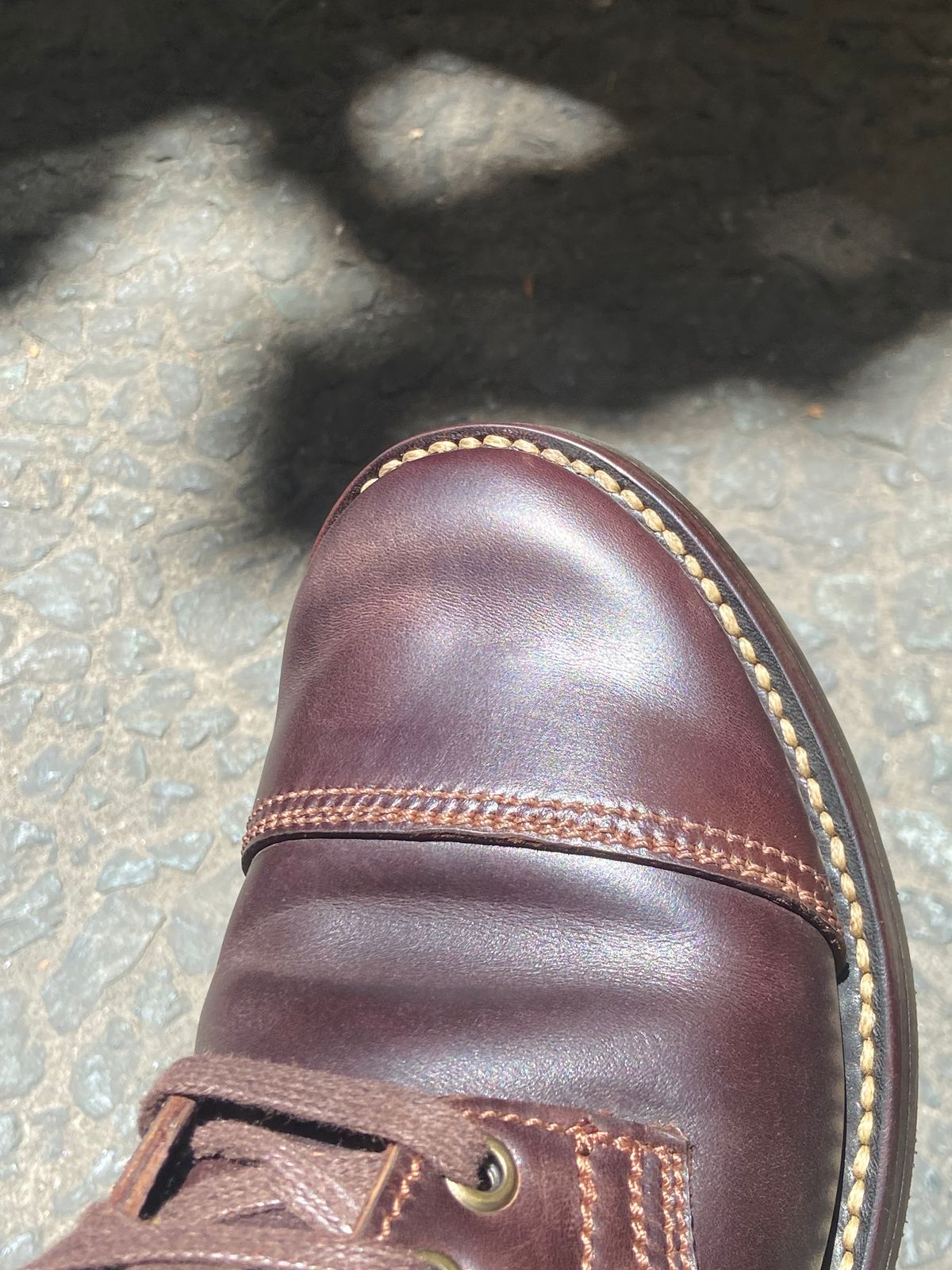 Photo by Boot.Stomp on May 6, 2026 of the Willie's Handmade Boots Cap Toe Service Boot in Maryam Olive Horserump Overdyed Dark Brown.