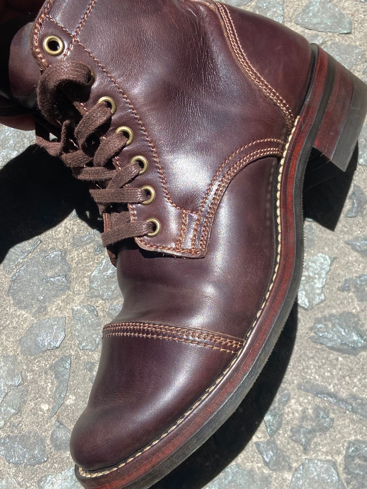 Photo by Boot.Stomp on May 6, 2026 of the Willie's Handmade Boots Cap Toe Service Boot in Maryam Olive Horserump Overdyed Dark Brown.