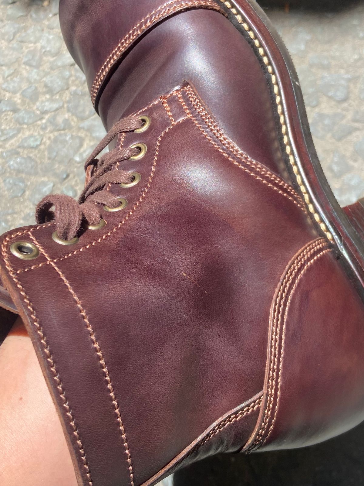 Photo by Boot.Stomp on May 6, 2026 of the Willie's Handmade Boots Cap Toe Service Boot in Maryam Olive Horserump Overdyed Dark Brown.
