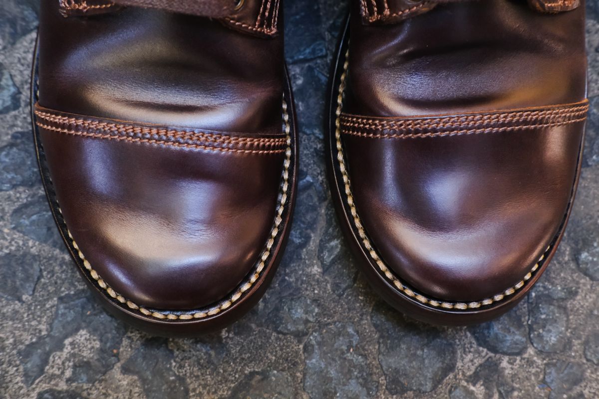 Photo by Boot.Stomp on June 20, 2026 of the Willie's Handmade Boots Cap Toe Service Boot in Maryam Olive Horserump Overdyed Dark Brown.